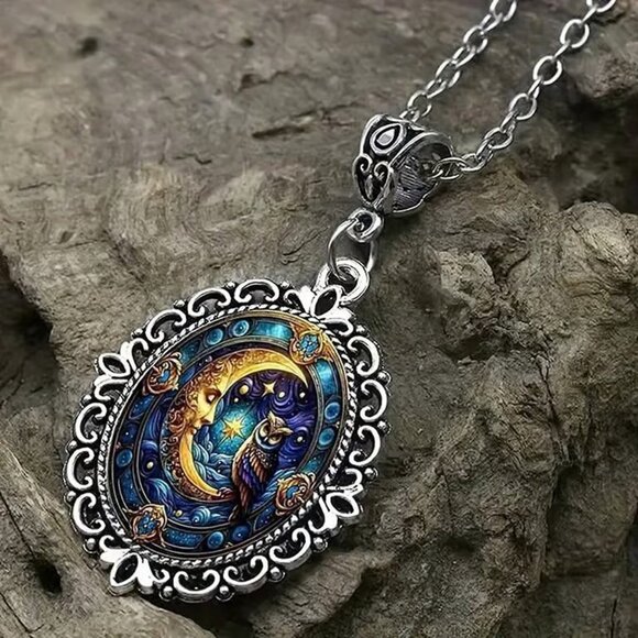 Silver CELESTIAL Sun Moon OWL Pendant Necklace - Picture 2 of 4